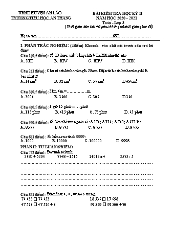 Bài kiểm tra học kì II môn Toán 3 - Trường TH An Thắng, Huyện An Lão (Năm học 2020-2021)(Ma trận + Hướng dẫn chấm)