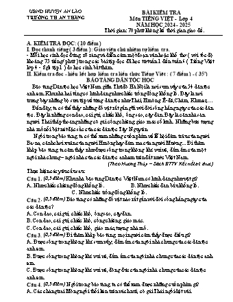 Bài kiểm tra môn Tiếng Việt 4 - Trường TH An Thắng, Huyện An Lão - Năm học 2024-2025 (Kèm hướng dẫn chấm)(Lê Thị Ngọc Trâm)