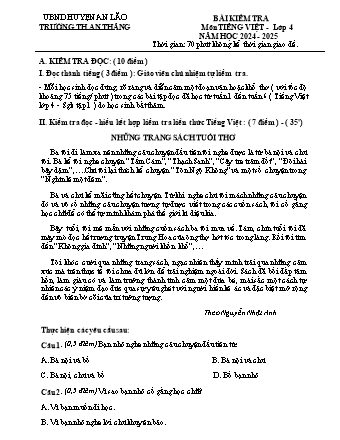 Bài kiểm tra môn Tiếng Việt 4 - Trường TH An Thắng, Huyện An Lão - Năm học 2024-2025 (Kèm hướng dẫn chấm)(Hoàng Thị Phương)