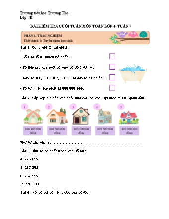 Bài kiểm tra môn Toán 4 - Tuần 7 (Trường TH Trường Thọ)