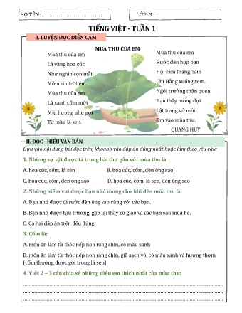 Bài tập cuối tuần môn Tiếng Việt 3 (Kết nối tri thức) - Tuần 1 đến Tuần 35