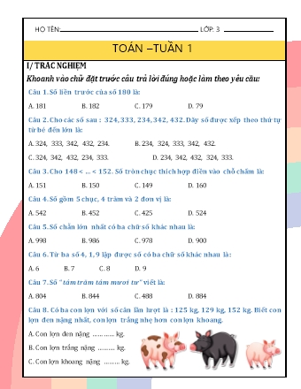 Bài tập cuối tuần môn Toán 3 (Kết nối tri thức) - Tuần 1 đến Tuần 35