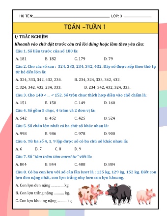 Bài tập cuối tuần môn Toán Lớp 3 (Kết nối tri thức) - Tuần 1 đến Tuần 35