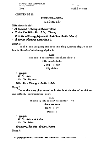 Chuyên đề bồi dưỡng nâng cao Toán 3 - Chuyên đề 10: Phép chia, số dư
