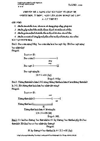 Chuyên đề bồi dưỡng nâng cao Toán 3 - Chuyên đề 6: Dạng các bài toán về quan hệ Nhiều hơn, ít hơn, Gấp lên, giảm đi một số lần