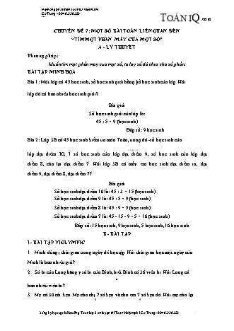 Chuyên đề bồi dưỡng nâng cao Toán 3 - Chuyên đề 7: Một số bài toán liên quan đến Tìm một phần mấy của một số