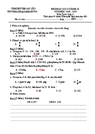 Đề khảo sát cuối học kì II môn Toán 4 - Trường TH Quang Hưng, Huyện An Lão (Năm học 2019-2020)(Hướng dẫn chấm)