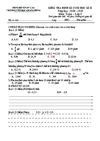 Đề khảo sát cuối học kì II môn Toán 5 - Trường TH Quang Hưng, Huyện An Lão (Năm học 2019-2020)(Ma trận + Hướng dẫn chấm)