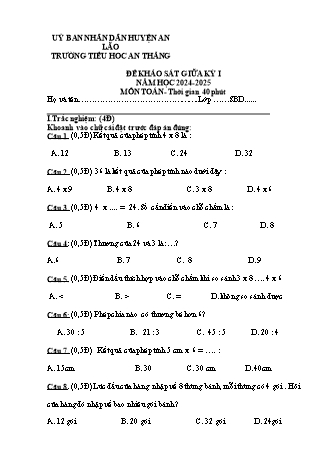 Đề khảo sát giữa học kì I môn Toán 2 - Trường TH An Thắng, Huyện An Lão - Năm học 2024-2025 (Bùi Hồng Phúc)