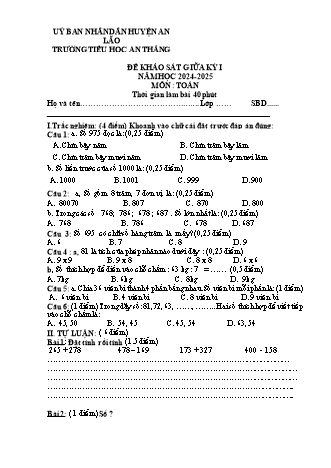 Đề khảo sát giữa học kì I môn Toán 2 - Trường TH An Thắng, Huyện An Lão (Năm học 2024-2025)(Nguyễn Thúy Hà)