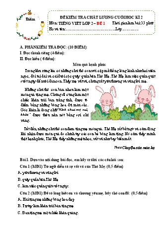 Đề kiểm tra chất lượng cuối học kì II môn Tiếng Việt 2 - Đề 1+2 (Ma trận + Đáp án)