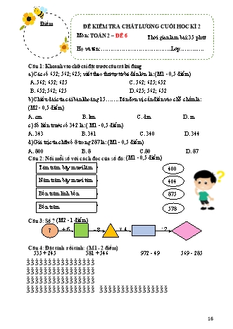 Đề kiểm tra chất lượng cuối học kì II môn Toán 2 - Đề 6+7 (Ma trận + Đáp án)