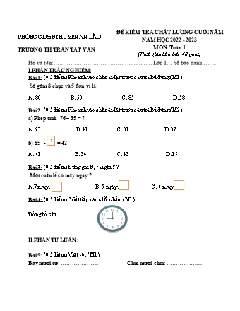 Đề kiểm tra chất lượng cuối năm môn Toán, Tiếng Việt 1 - Trường TH Trần Tất Văn, Huyện An Lão - Năm học 2022-2023