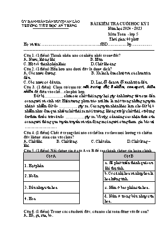 Đề kiểm tra cuối học kì I môn Khoa Học 5 - Trường TH An Thắng, Huyện An Lão (Năm học 2024-2025)(Hướng dẫn chấm)