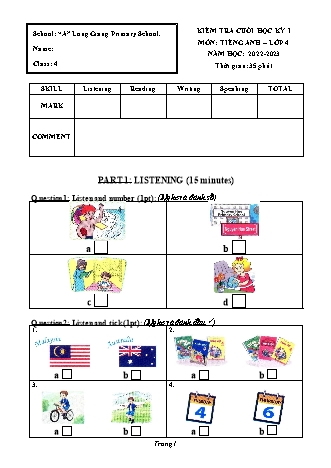 Đề kiểm tra cuối học kì I môn Tiếng Anh 4 - Trường TH A Long Giang - Năm học 2022-2023 (Có đáp án)