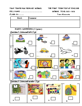 Đề kiểm tra cuối học kì I môn Tiếng Anh 5 - Trường TH Trần Thành Ngọ - Năm học 2022-2023 (Ma trận)