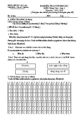 Đề kiểm tra cuối học kì I môn Tiếng Việt 1 - Trường TH An Thắng, Huyện An Lão (Năm học 2022-2023)(Kèm hướng dẫn chấm)