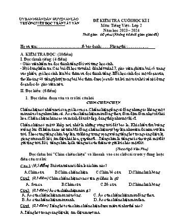 Đề kiểm tra cuối học kì I môn Tiếng Việt 2 - Trường TH Trần Tất Văn, Huyện An Lão - Năm học 2023-2024 (Lan)