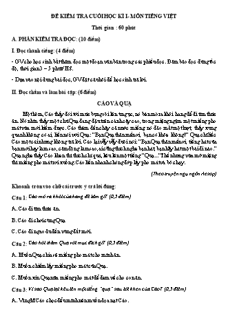 Đề kiểm tra cuối học kì I môn Tiếng Việt 3 - Năm học 2022-2023