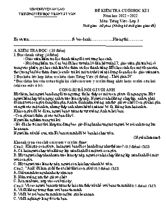 Đề kiểm tra cuối học kì I môn Tiếng Việt 3 - Trường TH Trần Tất Văn, Huyện An Lão - Năm học 2022-2023 (Hướng dẫn chấm)