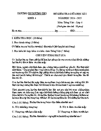 Đề kiểm tra cuối học kì I môn Tiếng Việt 4 - Trường TH Trường Thọ - Năm học 2024-2025 (Đề 2 - Có đáp án)