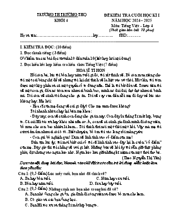 Đề kiểm tra cuối học kì I môn Tiếng Việt 4 - Trường TH Trường Thọ - Năm học 2024-2025 (Kèm hướng dẫn chấm)
