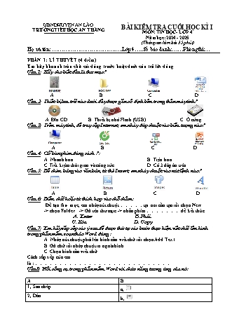 Đề kiểm tra cuối học kì I môn Tin Học 4 - Trường TH An Thắng, Huyện An Lão (Năm học 2024-2025)(Hướng dẫn chấm)
