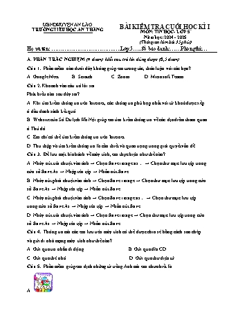 Đề kiểm tra cuối học kì I môn Tin Học 5 - Trường TH An Thắng, Huyện An Lão (Năm học 2024-2025)(Hướng dẫn chấm)