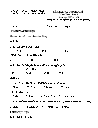 Đề kiểm tra cuối học kì I môn Toán 2 - Trường TH Trần Tất Văn, Huyện An Lão - Năm học 2023-2024 (Lan)