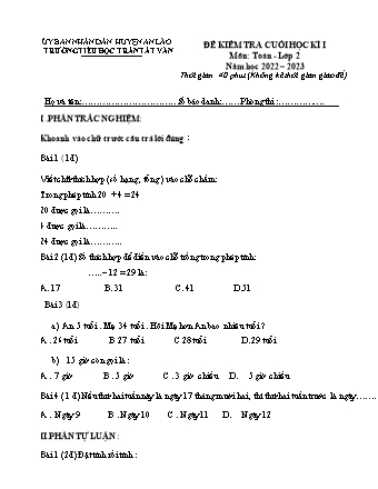 Đề kiểm tra cuối học kì I môn Toán 2 - Trường TH Trần Tất Văn, Huyện An Lão - Năm học 2022-2023