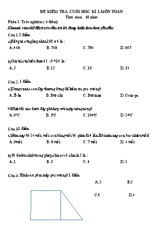 Đề kiểm tra cuối học kì I môn Toán 3 - Năm học 2022-2023