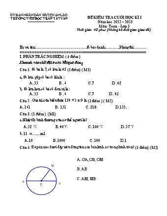 Đề kiểm tra cuối học kì I môn Toán 3 - Trường TH Trần Tất Văn, Huyện An Lão - Năm học 2022-2023 (Kèm hướng dẫn chấm)