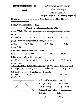 Đề kiểm tra cuối học kì I môn Toán 4 - Trường TH Trường Thọ - Năm học 2023-2024 (Đề 2 - Có đáp án)