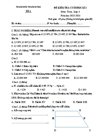 Đề kiểm tra cuối học kì I môn Toán 4 - Trường TH Trường Thọ - Năm học 2023-2024 (Đề 6 - Có đáp án)