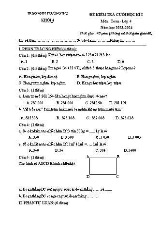 Đề kiểm tra cuối học kì I môn Toán 4 - Trường TH Trường Thọ - Năm học 2023-2024 (Đề 3 - Có đáp án)