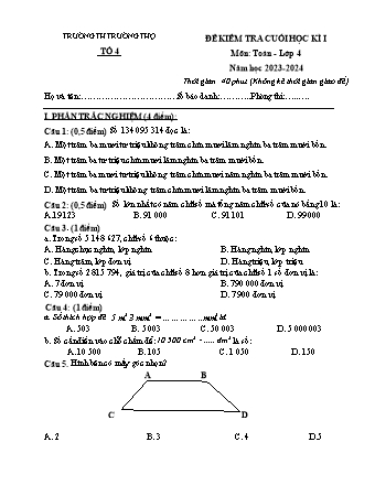 Đề kiểm tra cuối học kì I môn Toán 4 - Trường TH Trường Thọ - Năm học 2023-2024 (Đề 5 - Có đáp án)