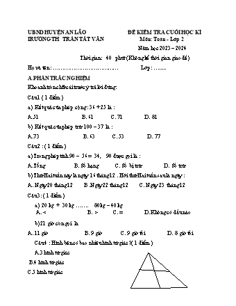 Đề kiểm tra cuối học kì I môn Toán Lớp 2 - Trường TH Trần Tất Văn, Huyện An Lão - Năm học 2023-2024
