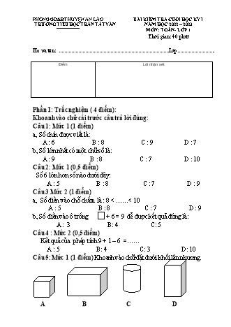 Đề kiểm tra cuối học kì I môn Toán, Tiếng Việt 1 - Trường TH Trần Tất Văn, Huyện An Lão - Năm học 2022-2023