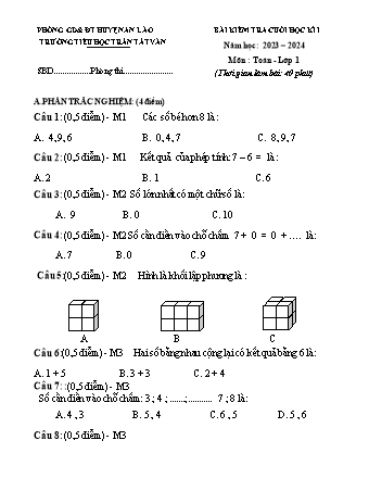 Đề kiểm tra cuối học kì I môn Toán, Tiếng Việt 1 - Trường TH Trần Tất Văn, Huyện An Lão - Năm học 2023-2024