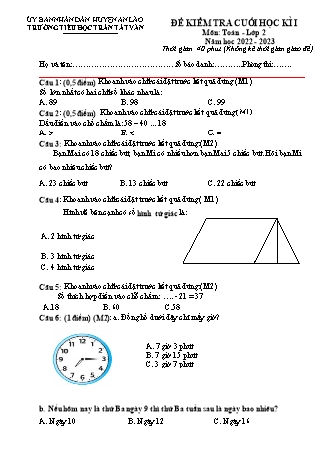 Đề kiểm tra cuối học kì I môn Toán, Tiếng Việt 2 - Trường TH Trần Tất Văn, Huyện An Lão - Năm học 2022-2023 (Ma trận + Hướng dẫn chấm)