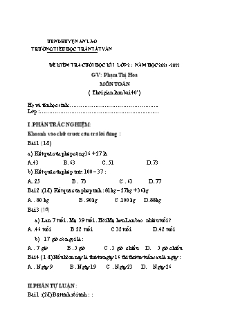 Đề kiểm tra cuối học kì I môn Toán, Tiếng Việt 2 - Trường TH Trần Tất Văn, Huyện An Lão - Năm học 2021-2022 (Phạm Thị Hoa)