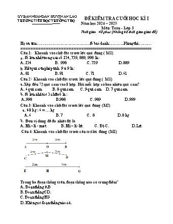Đề kiểm tra cuối học kì I môn Toán, Tiếng Việt 3 - Trường TH Trường Thọ, Huyện An Lão - Năm học 2024-2025 (Đề 5)