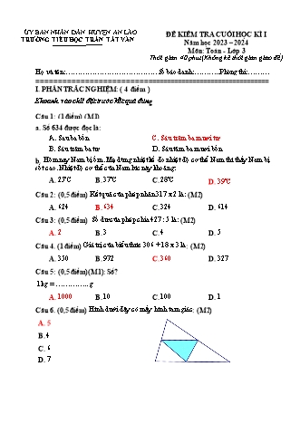 Đề kiểm tra cuối học kì I môn Toán, Tiếng Việt 3 - Trường TH Trần Tất Văn, Huyện An Lão - Năm học 2023-2024 (Có đáp án)(Đặng Thị Khuyên)