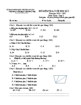Đề kiểm tra cuối học kì I môn Toán, Tiếng Việt 3 - Trường TH Trường Thọ, Huyện An Lão - Năm học 2024-2025 (Đề 4)