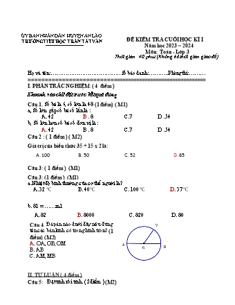 Đề kiểm tra cuối học kì I môn Toán, Tiếng Việt 3 - Trường TH Trần Tất Văn, Huyện An Lão - Năm học 2023-2024 (Kèm hướng dẫn chấm)(Nguyễn Thị Khiên)