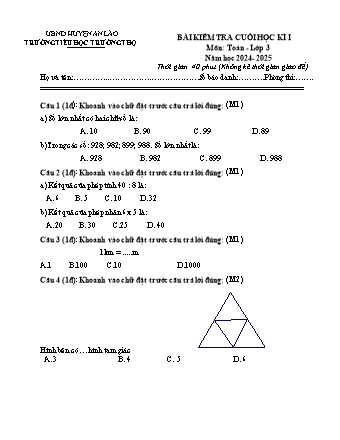 Đề kiểm tra cuối học kì I môn Toán, Tiếng Việt 3 - Trường TH Trường Thọ, Huyện An Lão - Năm học 2024-2025 (Đề 3)