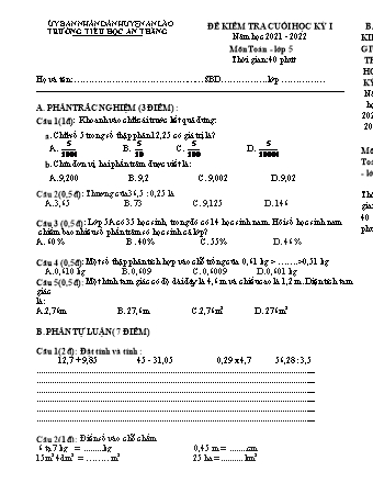 Đề kiểm tra cuối học kì I môn Toán, Tiếng Việt 5 - Trường TH An Thắng, Huyện An Lão (Năm học 2021-2022)