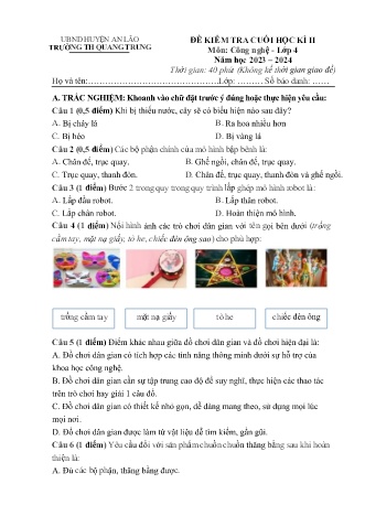 Đề kiểm tra cuối học kì II môn Công Nghệ 4 - Trường TH Quang Trung, Huyện An Lão (Năm học 2023-2024)(Ma trận + Đáp án)