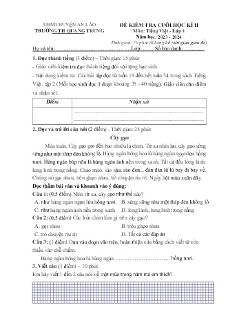 Đề kiểm tra cuối học kì II môn Tiếng Việt 1 - Trường TH Quang Trung, Huyện An Lão (Năm học 2023-2024)(Ma trận + Hướng dẫn chấm)