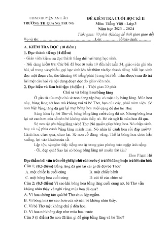 Đề kiểm tra cuối học kì II môn Tiếng Việt 3 - Trường TH Quang Trung, Huyện An Lão (Năm học 2023-2024)(Ma trận + Hướng dẫn chấm)
